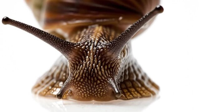 Closeup macro shot of a snail with extended antennae, showing intricate details, on a white background