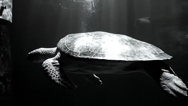 Graceful Sea Turtle Swimming Underwater in Aquarium, Black and White with Mysterious Atmosphere