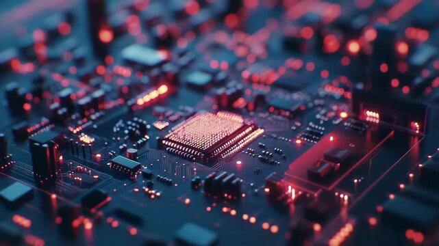 Central processing unit integrating into a complex circuit board with glowing red light connections, symbolizing artificial intelligence, computing, and advanced technology