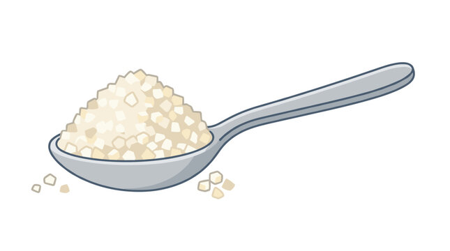A teaspoon of beet sugar sand, a full spoonful of sweet, granulated crystals piled for sweetening food, depicted in a flat cartoon vector illustration on a white background