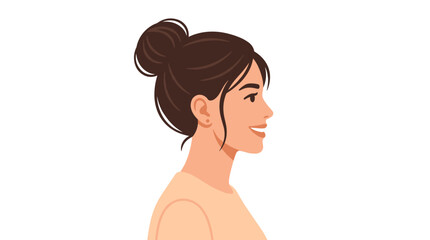 Obraz premium A young woman in profile, hair in a bun, smiles as she looks to the side, depicted in a modern, attractive female face from a side view with her head turned, rendered as a flat vector illustration on