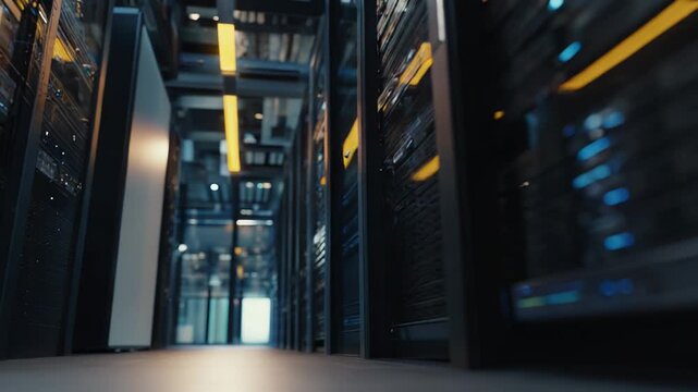 Server racks organized in a modern data center facilitating digital information storage, network infrastructure, and high performance computing operations for businesses