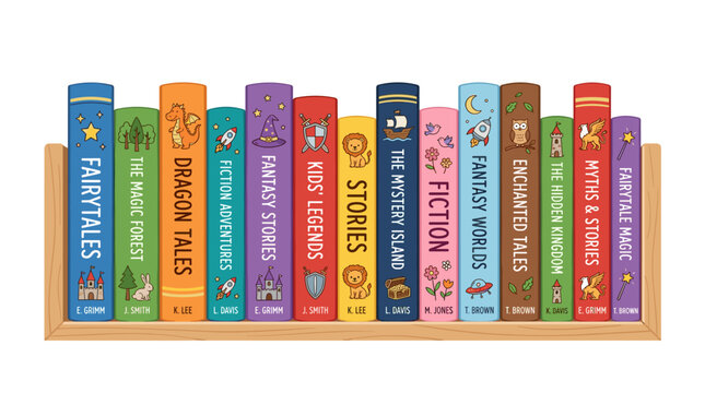 A children's library shelf displays upright books of fairy tales, fiction, and fantasy, with covers and spines ready for reading, rendered as a flat vector illustration on a white background