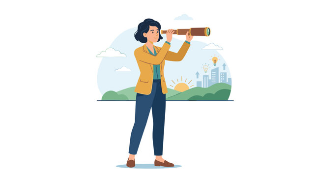 A woman gazes ahead through a spyglass, seeking fresh ideas, opportunities, and horizons, as an ambitious figure exploring future possibilities in a flat vector illustration set against a white
