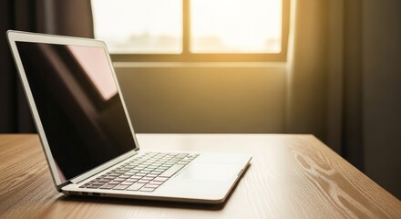 Fototapeta premium Open laptop on wooden desk in sunlit modern office