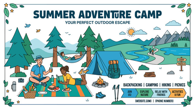 Design a summer camp poster, an invitation card, and a promotion flyer with a vertical ad banner, depicting tourists and campers relaxing in nature while picnicking at a campsite, all rendered in