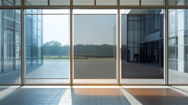 Smart glass window panels showing electrochromic tinting transitions.