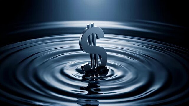 Dollar symbol sinking into dark water rippling surface. Concept of global economic crisis, financial instability, market crash and deflationary monetary policy.