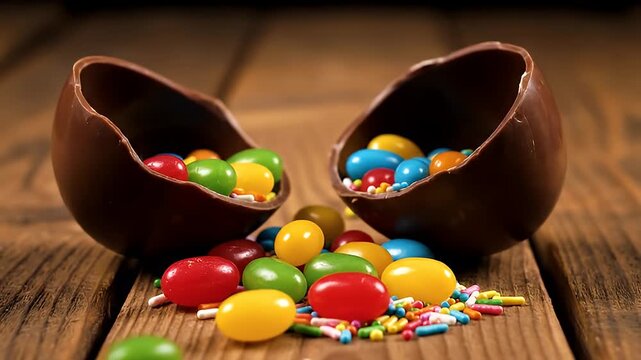 Chocolate eggs split open with colorful candies spilled on wooden table