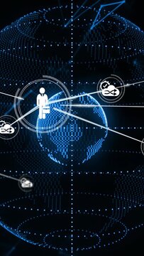 Connecting white silhouette in suit and tie carrying briefcase on 3D globe, extending radial lines
