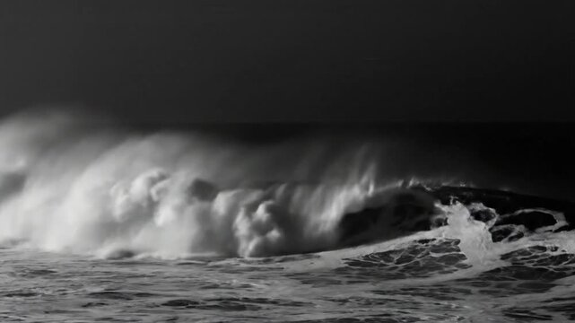 Dramatic monochrome ocean wave breaking against the shoreline with a turbulent and powerful surge under a moody sky