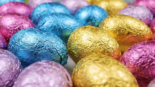 Colorful chocolate eggs wrapped in shiny foil scattered on glossy surface with vibrant metallic sheen