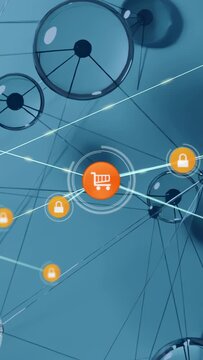 Central orange cart pulsing, sending lit lines, locking nodes, securing retail web for designers