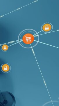 Ecommerce network showing light streak pulsing padlocks, emerging cart icons, forming secure links