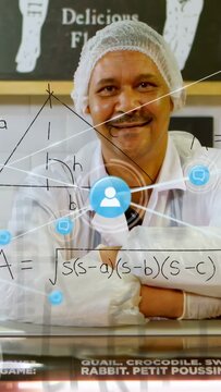Butcher smiling behind glass counter, ripple appearing activating avatar nodes showing retail data