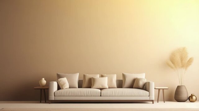 Modern living room displaying a comfortable couch with pillows, small side tables, decorative vases, and fluffy pampas grass creating a cozy and minimalist aesthetic