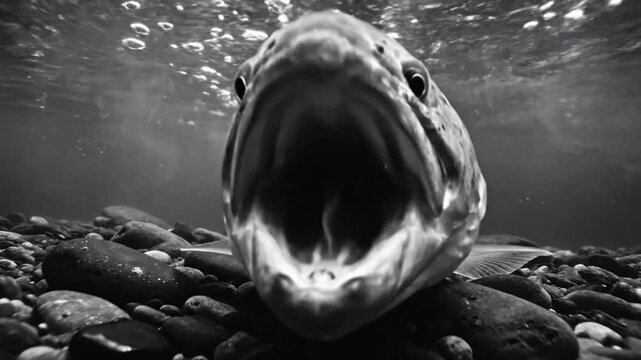 Underwater close-up view of a large trout fish with an open mouth in black and white underwater footage