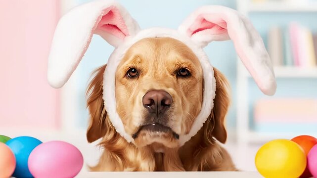 Golden dog wearing bunny ears sitting near colorful Easter eggs in front of a bookshelf background