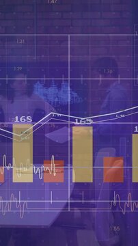 Vertical video: Charts sliding left, team reflected shifting, one lifting phone checking sales KPIs