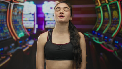 Fototapeta premium Woman with long hair standing with eyes closed and smiling softly before slot machine in casino; serenity.