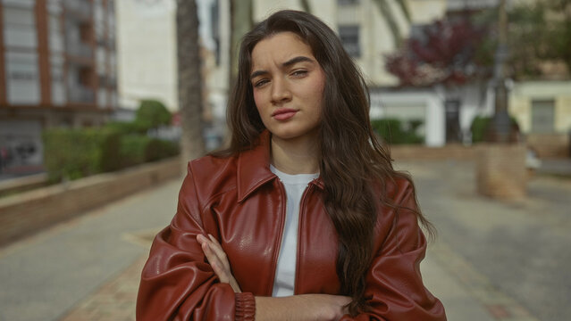 Young hispanic woman in red leather jacket with arms crossed on sunlit urban street lined with trees; rejection.