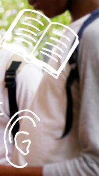 Vertical video: Two pupils with bags cam panning book+ear icons on chest showing profile for study