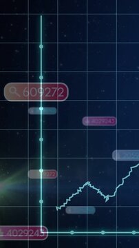 Vertical video: Finance HUD cyan axes, jagged line receiving live data, growing with pills drifting