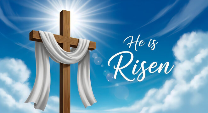 A Christian cross with a white cloth draped over it stands against a bright blue sky with clouds and sun rays.