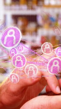 Vertical video: Male hands tapping phone swiping making social nodes clustering near tap to select