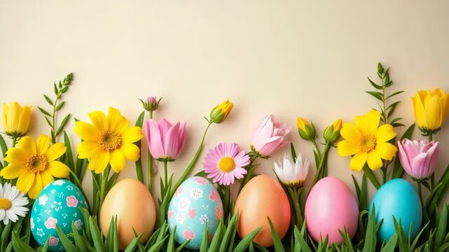 Creative layout made with colorful flowers and Easter eggs. Minimal nature background. Spring holidays concept..