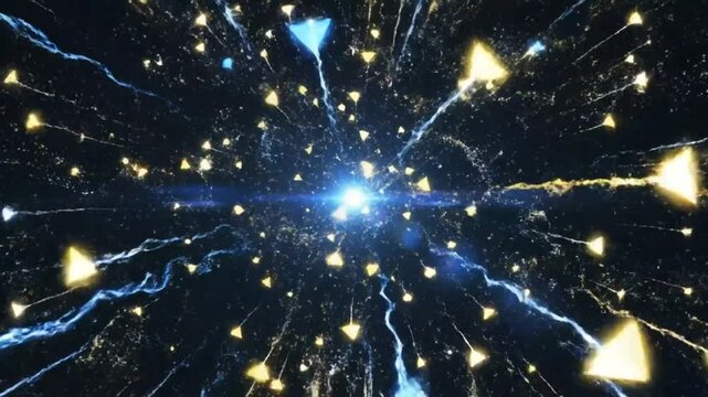 Abstract explosion of triangles with electrical energy and brilliant light in a futuristic space design