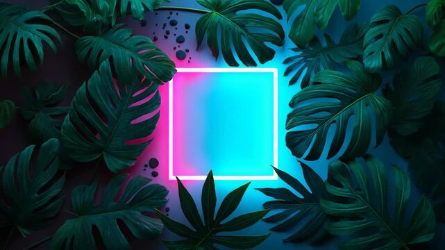 Bright neon square frame illuminates lush tropical monstera and palm leaves. Vibrant modern composition, ideal for creative design, nature concepts, and advertisement backgrounds.