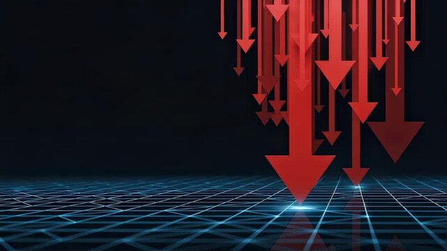 Red arrows pointing downward on digital financial grid. Global economic recession and stock market crash concept. Chart visualization of inflation cost decline.