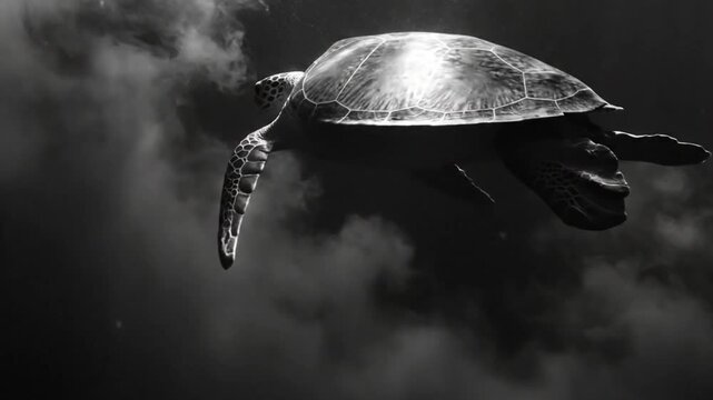 Graceful sea turtle gliding through the cloudy depths, black and white underwater nature