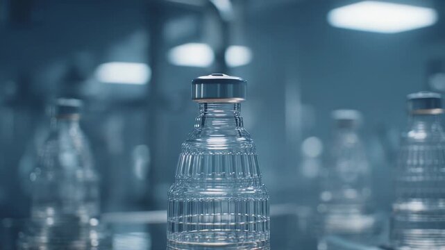Glass medicine vials, designed with architectural features resembling a legislative building's dome, moving along a manufacturing conveyor belt in a sterile laboratory environment
