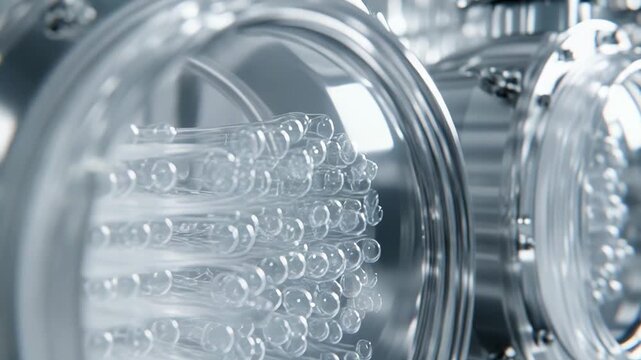 Advanced bioreactor system within a chemical or pharmaceutical manufacturing facility, showcasing intricate glass tubes and modern metallic components for precise industrial processes