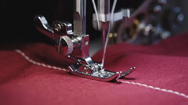 Close-up of sewing machine needle stitching white thread on red fabric