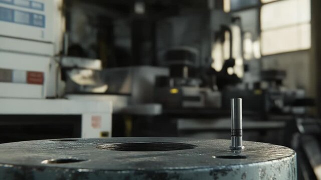 Metal spindle machining a steel component on a cnc lathe, close up showing precise cutting, automation and high tech manufacturing in a heavy industry workshop