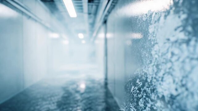 Industrial cold room corridor with frosted, textured ice walls and diffused blue white light, conveying chilling refrigeration, sterile storage, and modern cold chain atmosphere