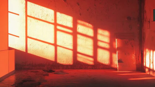 Fading sun streams through barred window, casting bold geometric shadows across distressed concrete walls and floor of an empty industrial warehouse, warm orange mood