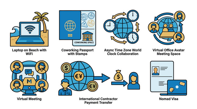 Digital nomad and remote work icons for global virtual office