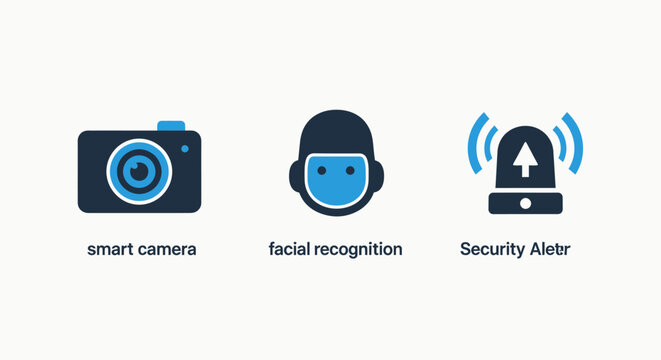 Smart home security system icon set: featuring camera surveillance, facial recognition, and alarm technology for safety