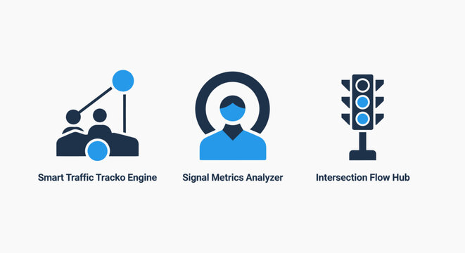 Smart city traffic management icon set: representing urban planning, signal analysis, and intersection flow systems