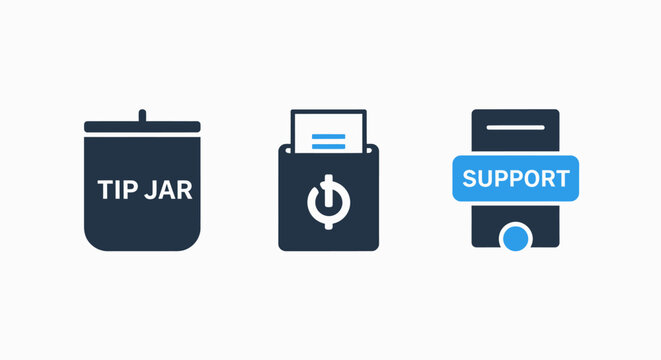 Customer support, tip jar, and print function icons for service-oriented business applications and digital payment solutions