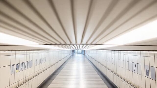 Empty subway tunnel featuring modern architectural design with long, brightly lit ceiling and clean parallel walls, emphasizing concepts of future, connection, and solitude