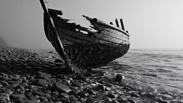 Black and white shot of a weathered and broken wooden boat washed ashore on a rocky beach with gentle waves lapping around it.