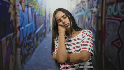Naklejka premium Woman resting chin on fist in graffiti street alley, wearing striped tshirt with closed eyes and long hair, freckle visible; tired solitude.