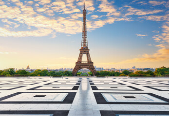 Eiffel Tower main symbol of Paris, sunset light view from Trocadero Square