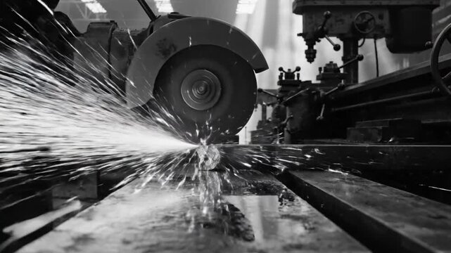 Industrial scene showing a grinder cutting through metal creating showers of sparks in black and white