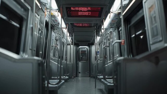 Empty interior of a modern subway train car, featuring rows of seating, grab poles, and overhead lighting, creating a sense of commute, solitude, and urban transport
